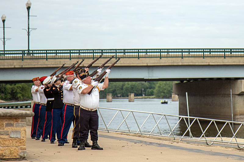 The Dixon Area Detachment Marine Corps League fires three shots in memory of fallen soldiers on Memorial Day, Monday, May 29, 2023.