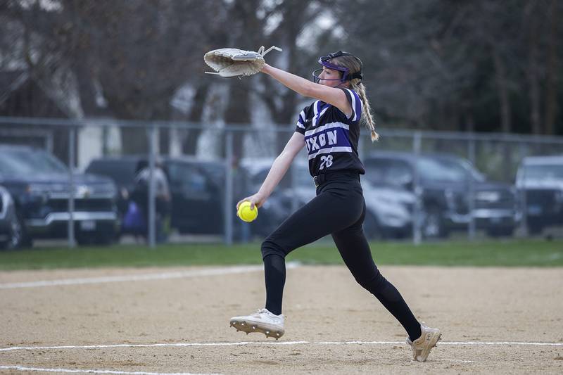 Dixon’s Allie Abell fires a pitch against Newman Thursday, April 11, 2024 at Reynolds Field in Dixon.