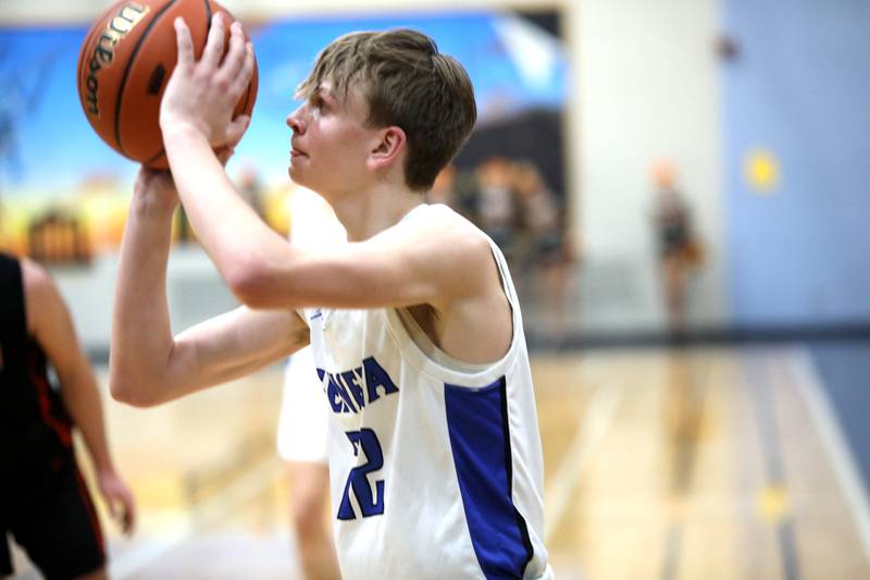 Geneva’s Dane Turner shoots three points during a Class 4A Willowbrook Regional semifinal game against Wheaton Warrenville South on Wednesday, Feb. 21, 2024.