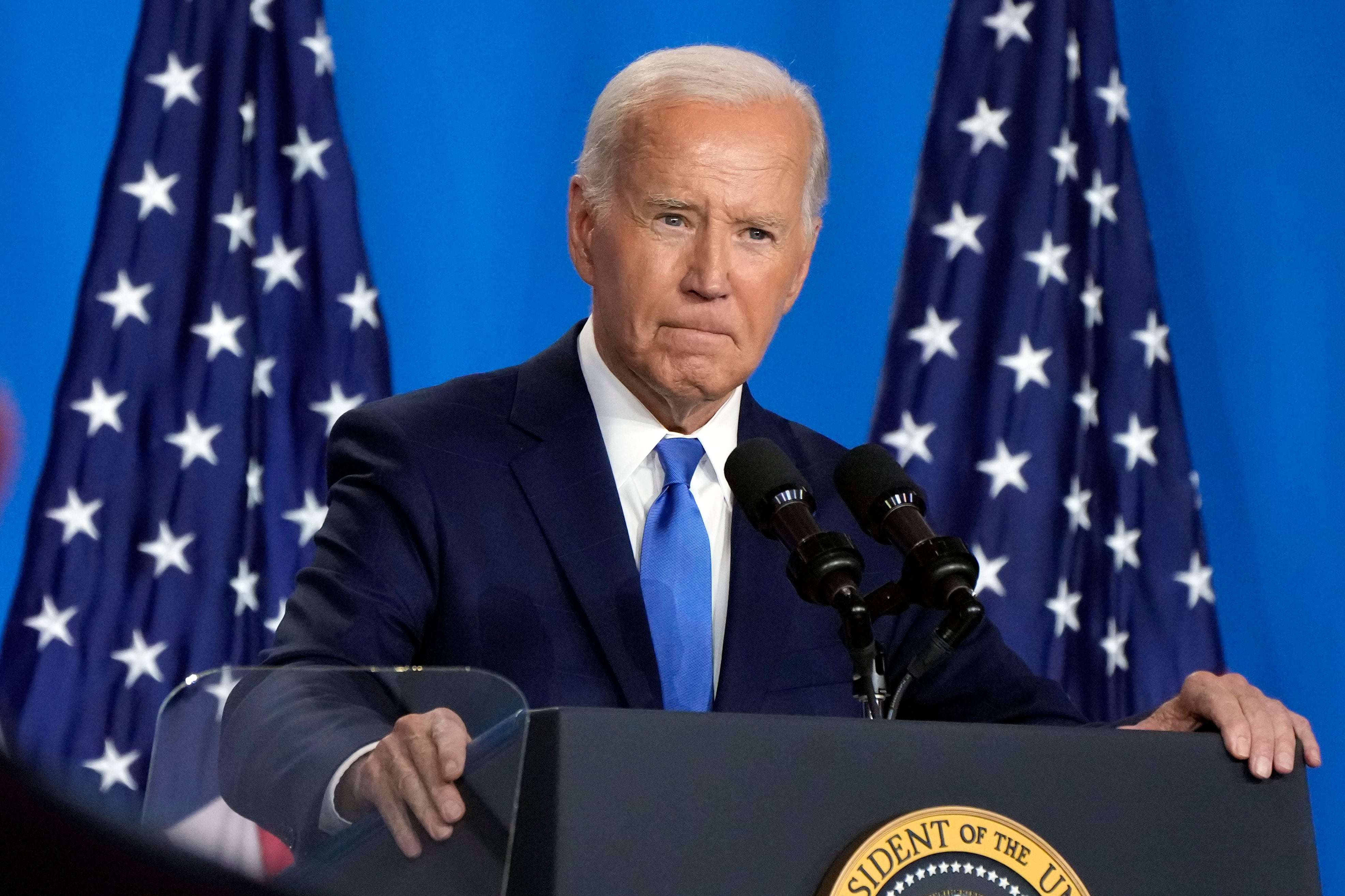 FILE - President Joe Biden speaks at a news conference July 11, 2024, in Washington. President Joe Biden dropped out of the 2024 race for the White House on Sunday, July 21, ending his bid for reelection following a disastrous debate with Donald Trump that raised doubts about his fitness for office just four months before the election. (AP Photo/Jacquelyn Martin, File)