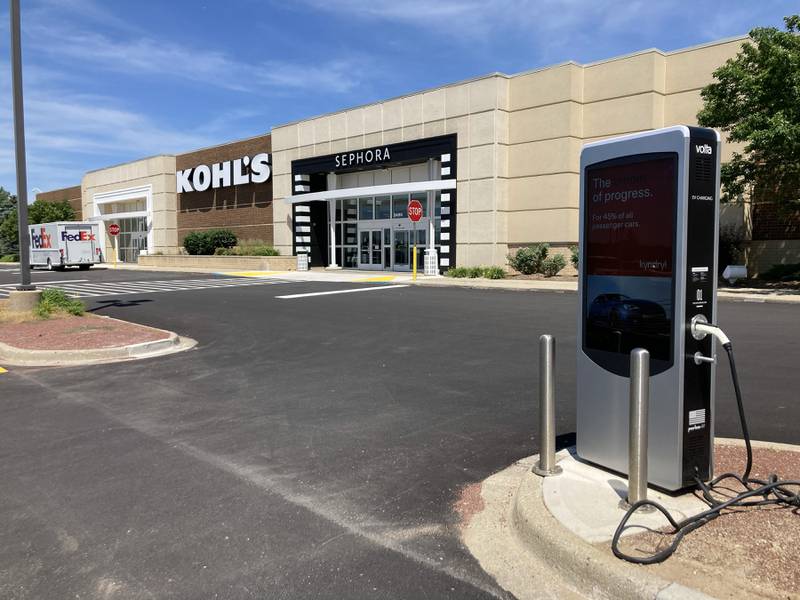 A electric vehicle charging station outside the Kohl’s store in McHenry Monday, June 20, 2022. The store recently was updated to include a Sephora store inside the Kohl’s store.