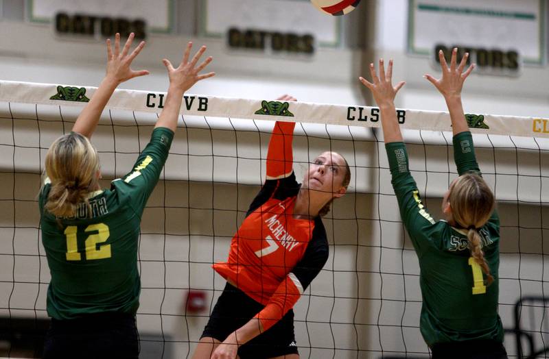 McHenry’s Sophia Zieba hits the ball in varsity volleyball on Tuesday, Sept. 17, 2024, at Crystal Lake South High School in Crystal Lake.