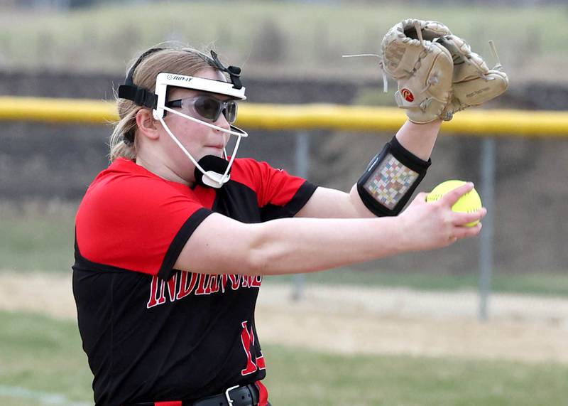 Indian Creek’s Taylor Hulmes delivers a pitch during their game against Mendota Thursday, March 14, 2024, at Indian Creek High School in Shabbona.