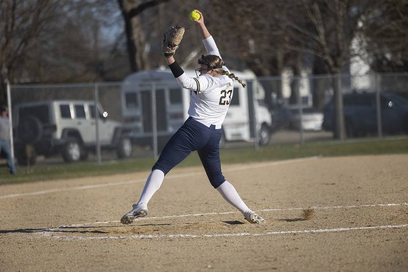 Sterling’s Sienna Stingley fires a pitch against Dixon Tuesday, March 19, 2024 in Dixon.