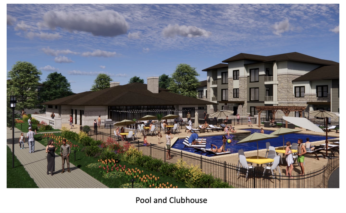 Rendering of Water's Edge pool, clubhouse and apartments in Crystal Lake.