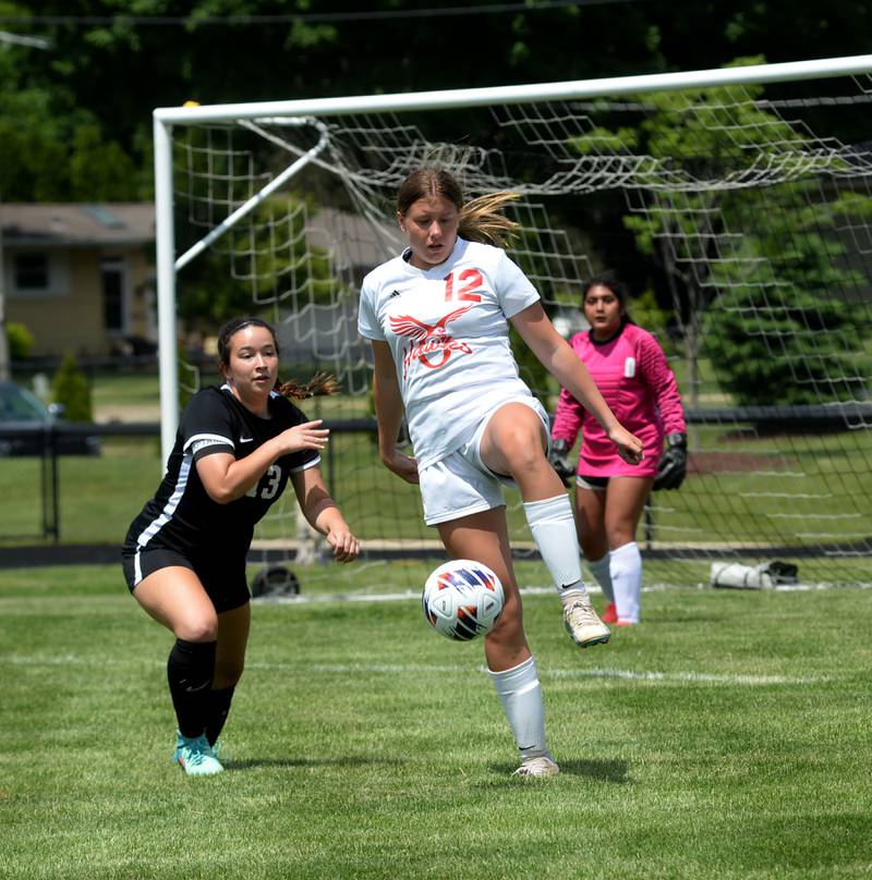 Oregon's Aniyah Sarver (12) controls the ball during the 1A Indian Creek Sectional on Saturday, May 18, 2024. Stillman Valley won the game 2-1 to advance to the sectional championship.