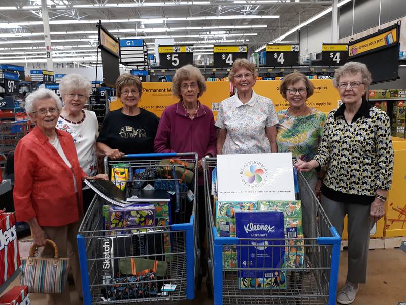 New Bedford Royal Neighbors members Ruth DeBolt, Adrian Lind, Lois Swanson, Mary Hartz, Helen Hardesty, Nancy Hartz and Joanne Nelson shopped for school supplies for Bureau Valley students in need.