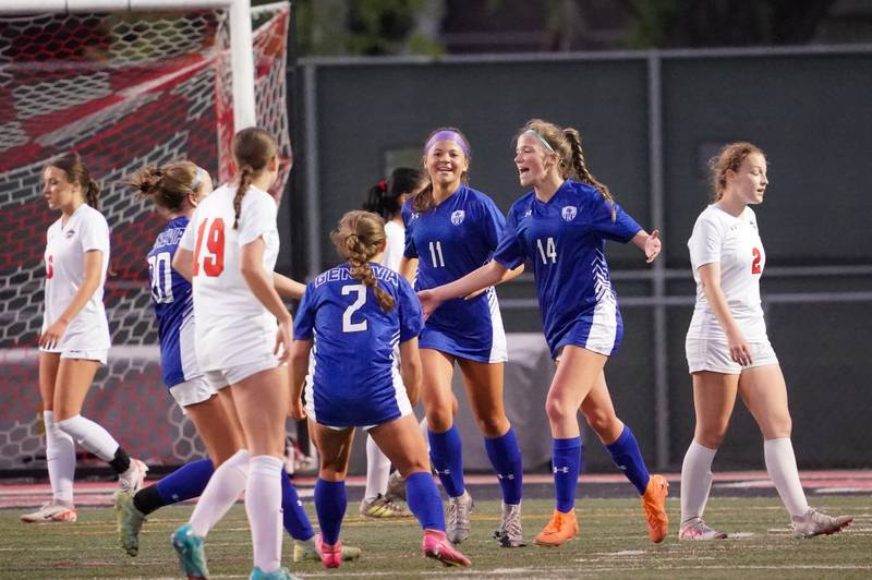 Geneva’s Ella Howard (14) reacts after scoring a goal against Glenbard East during a Class 3A Glenbard East Regional semifinal soccer match at Glenbard East High School in Lombard on Tuesday, May 14, 2024.