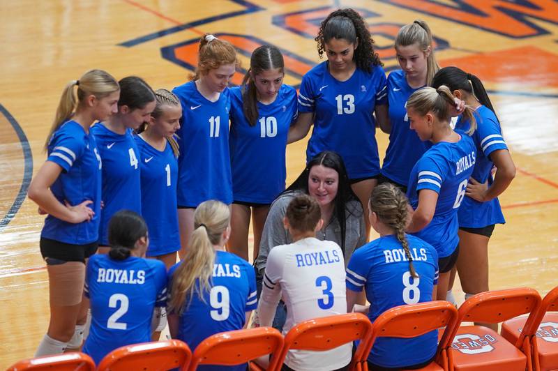 Rosary’s head coach Kate Scafidi talks to her team during a volleyball match against Oswego at Oswego High School on Tuesday, Sep 3, 2024.