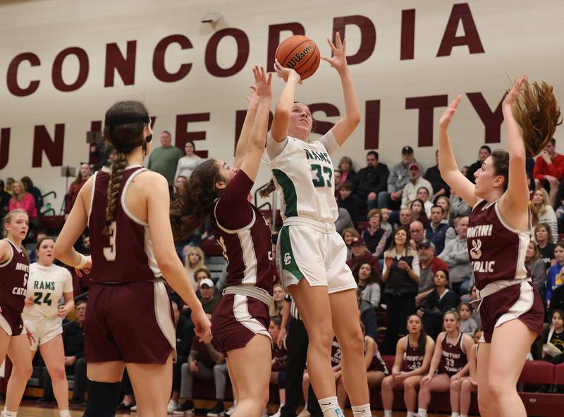 Grayslake Central’s Madison Hoffmann puts up a shot against Montini Catholic during the girls Class 3A Concordia University Supersectional basketball game on Monday, Feb. 26, 2024 in River Forest, IL.