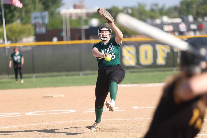 Plainfield Central’s Mia Johnson delivers a pitch against Joliet West on Wednesday, May 15, 2024 in Joliet.