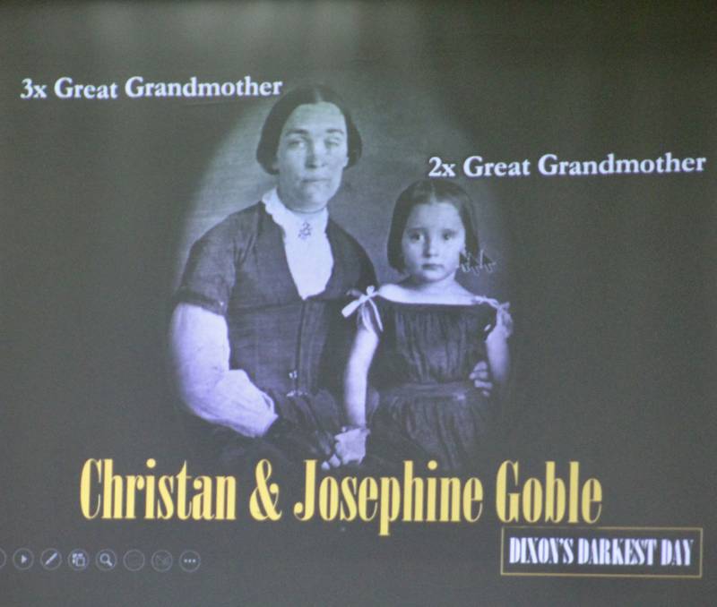 At the close of the presentation, historian Tom Wadsworth disclosed his family connection to the 1873 Truesdell Bridge disaster, in which 46 people died. Christan Goble, who perished, had tossed her granddaughter Gertie Wadsworth, from harm's way.