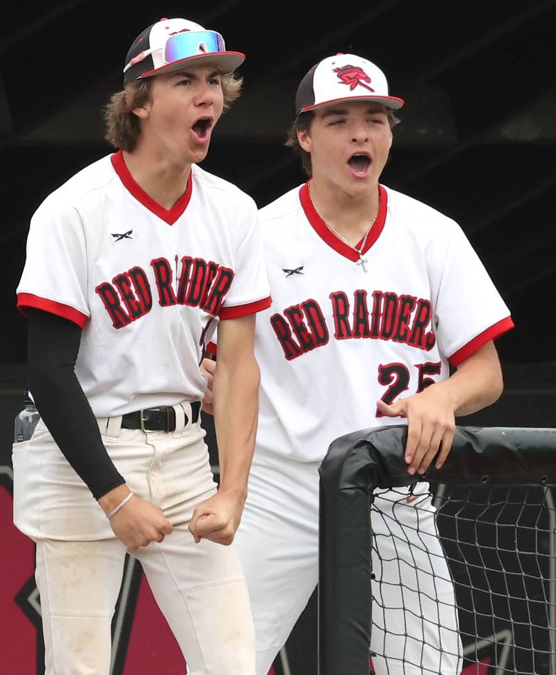 Huntley's Drew Borkowski (left) and Brady Klepfer celebrate a strikeout for their pitcher during their Class 4A DeKalb Regional championship game against DeKalb Friday, May 24, 2024, at Ralph McKinzie Field at Northern Illinois University in DeKalb.