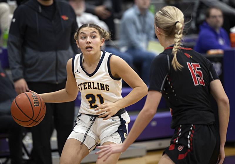 Sterling’s Jae James works against Stillman Valley’s Taylor Davidson Thursday, Dec. 28, 2023 at the Dixon KSB Holiday tournament.