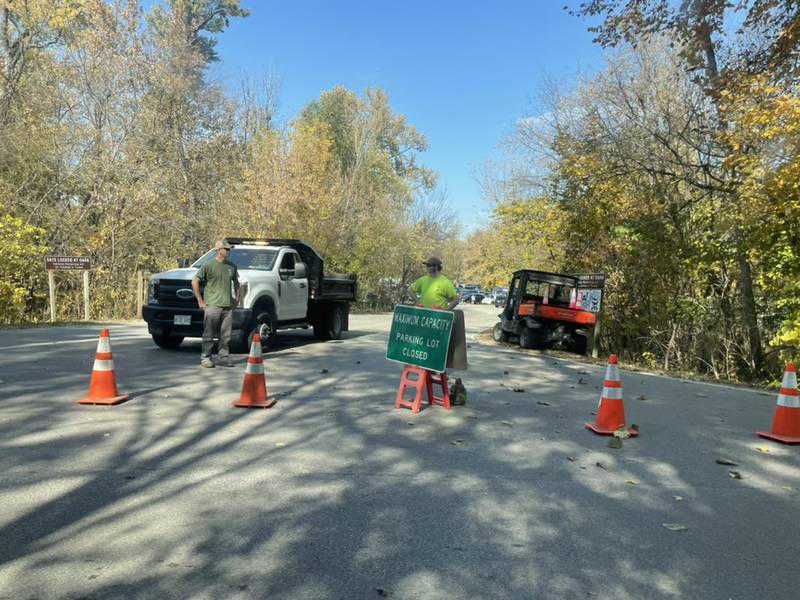 With fall colors popping at Starved Rock and Matthiessen state parks, the lower parking lot at Starved Rock State Park reached capacity Sunday, Oct. 23, 2022, as well as the parking lots to the Dells Area of Matthiessen State Park.