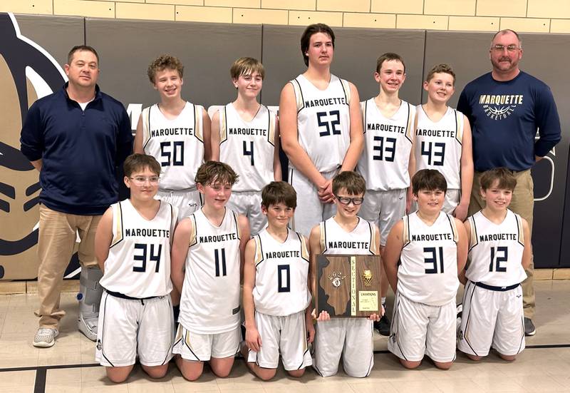 Following state tournament wins over previously unbeaten Cambridge and then Augusta Southeastern over the weekend, Marquette Academy’s seventh-grade boys basketball team will be playing for the IESA Class 7-1A championship tonight at 7:30 p.m. against West Lincoln-Broadwell at East Peoria Central Junior High School. The seventh-grade Knights team includes, not as pictured, players Noah Novotney, Tate Hopkins, Cash Biba, Hunter Heuser, Griffin Novotney, Bradyn Hermann, Isaac Bullock, Baron Hellman, Mario Bernabei, William Biggins and Jerard Cooper.