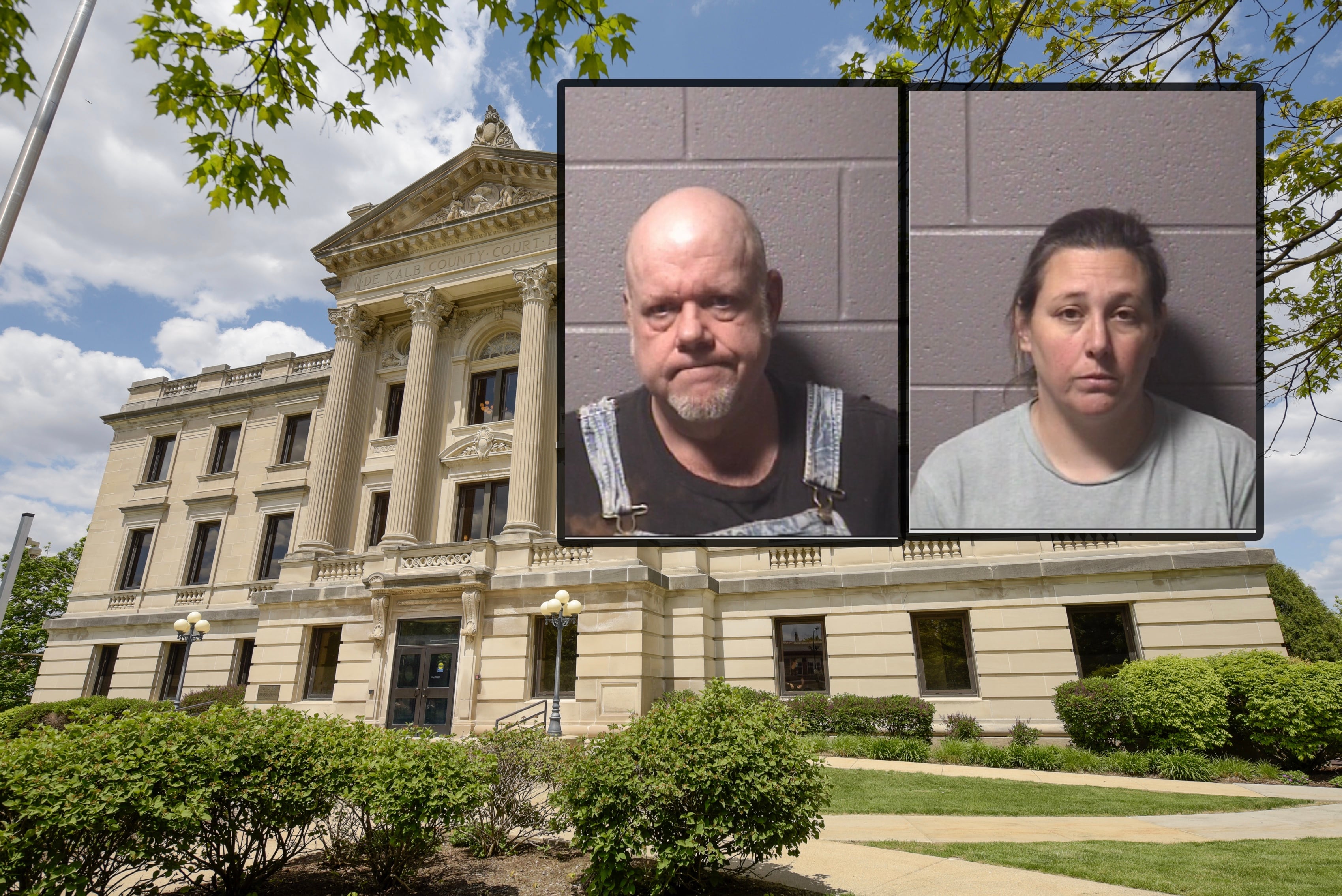 Scott E. Krueger (left) and his wife Marie E. Krueger own and operate Krueger Parts and Repair, 10694 Sanderson Road in Somonauk, according to DeKalb County court records filed Aug. 6. The couple was charged Aug. 6, 2024, with theft by deception and seven counts of forgery each after police allege they falsified invoices to steal about $28,000 from a semi truck owner seeking repairs on their vehicle. (Inset photos provided by DeKalb County Jail)