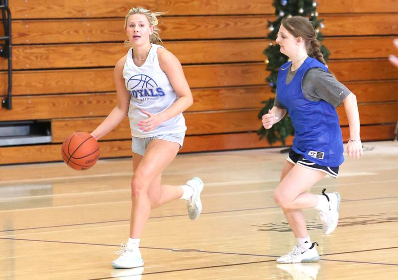 Hinckley-Big Rock's Anna Herrmann pushes the ball up court during practice Monday, June 10, 2024, at the school in Hinckley.