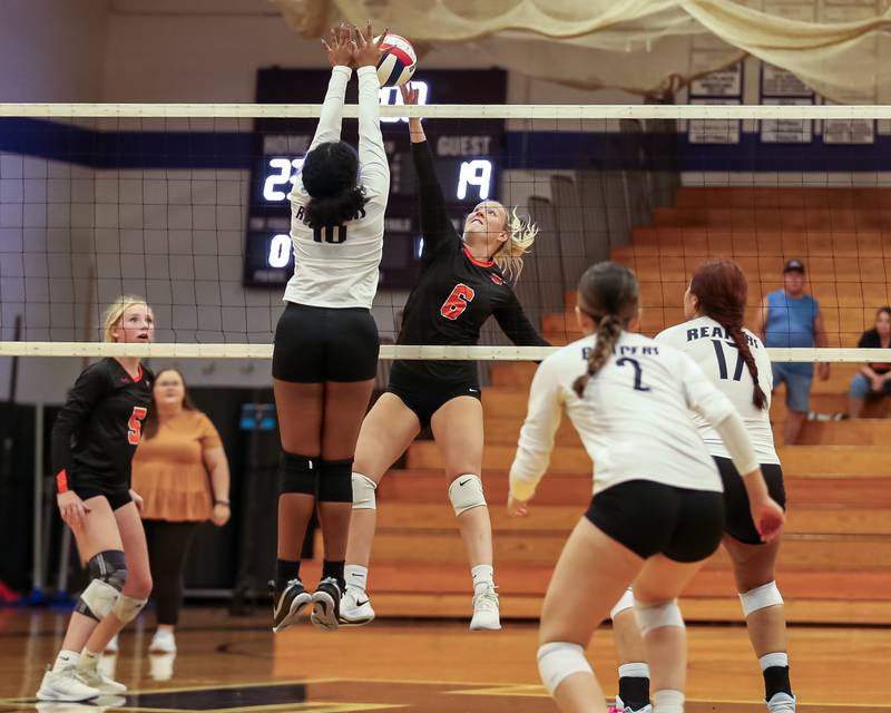 Sandwich's Londyn Scott (6) tips the ball during volleyball match between Sandwich at Plano.  August 21, 2023.