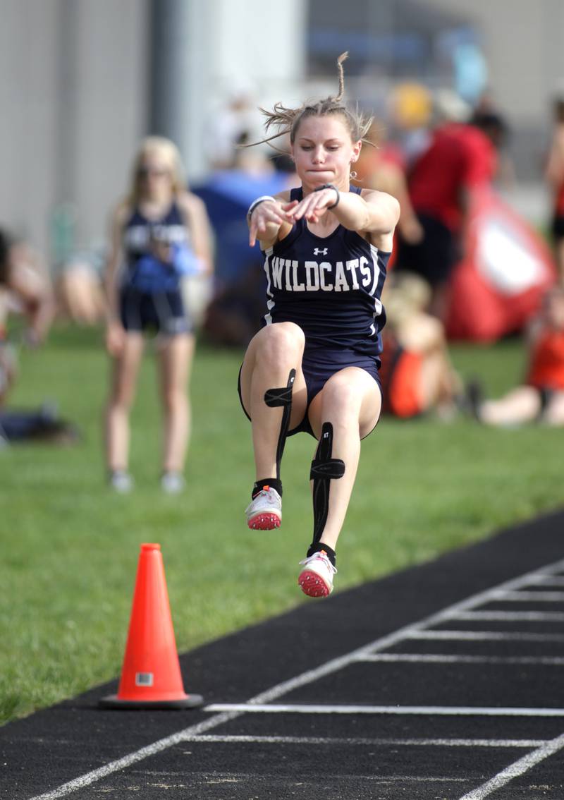 West Chicago’s Kali Waller competes in the long jump during the Class 3A Metea Valley girls track and field sectional on Thursday, May 11, 2023.