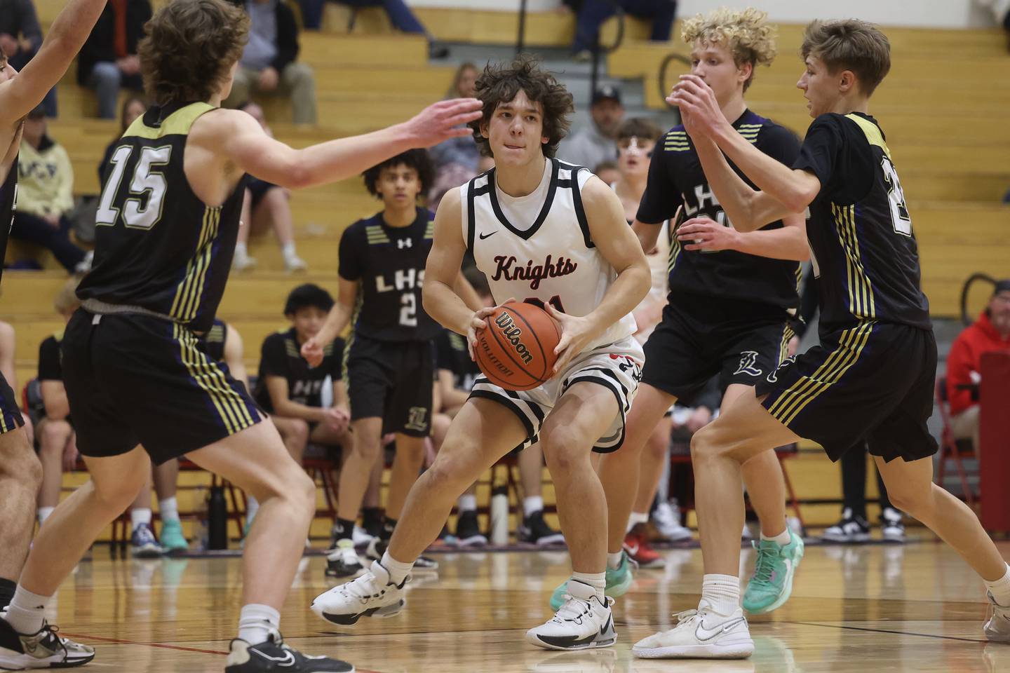 Lincoln-Way Central’s Owen Novak looks to pass against Lemont on Wednesday, Jan. 10th, 2024 in New Lenox.