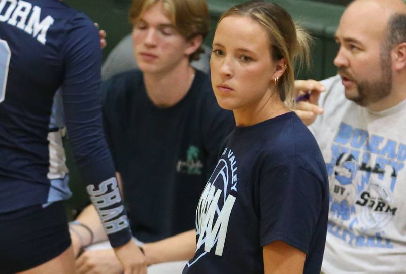 Bureau Valley volleyball head coach Saige Barnett coaches her team against St. Bede on Monday, Sept. 9, 2024 at St. Bede Academy.