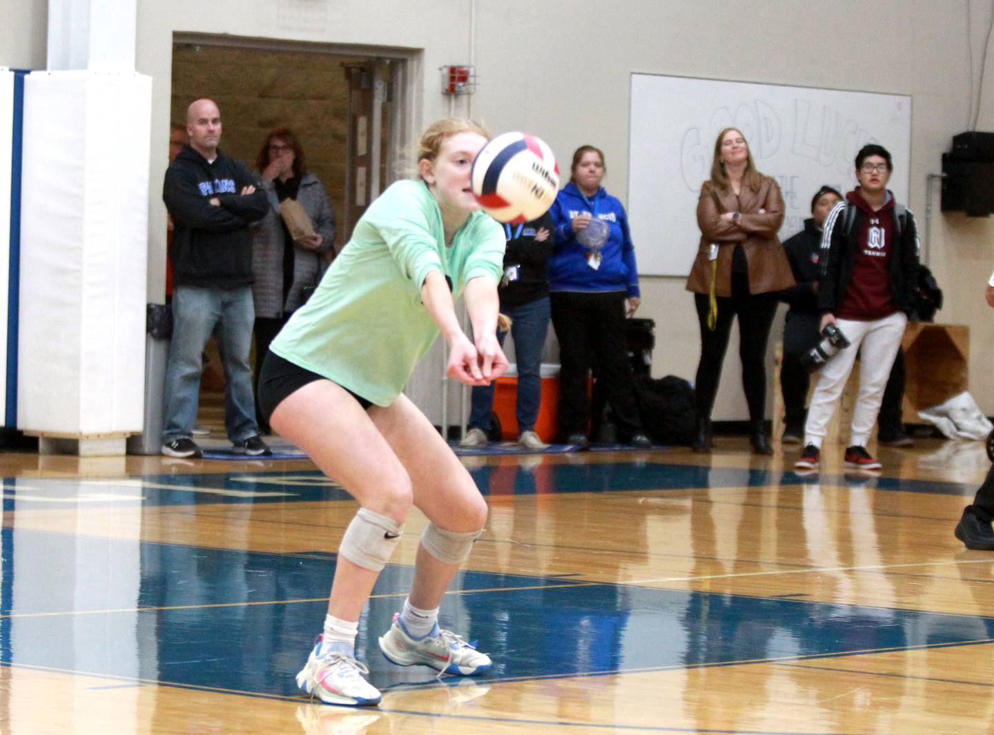 St. Francis’ Catherine D’Orazio returns the ball during a Class 3A St. Francis Sectional Semifinal against Sycamore in Wheaton on Monday, Oct. 30, 2023.