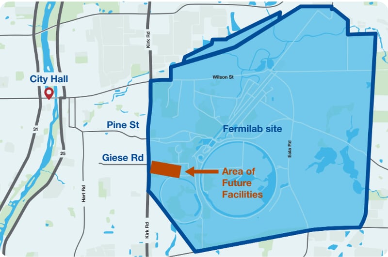 This map shows the location of the planned Long-Baseline Neutrino Facility at Fermilab in Batavia. (Map courtesy of Fermilab)