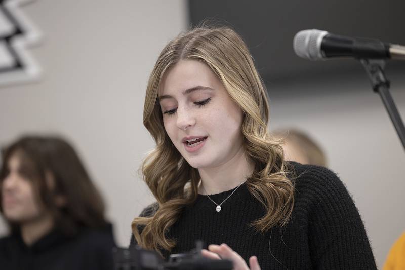 Oregon High School junior Alyssa Leary speaks on behalf of the student body Wednesday, Jan. 25, 2023, about how National Teacher of the Year finalist Kimberly Radostits has helped shape the lives of her students.