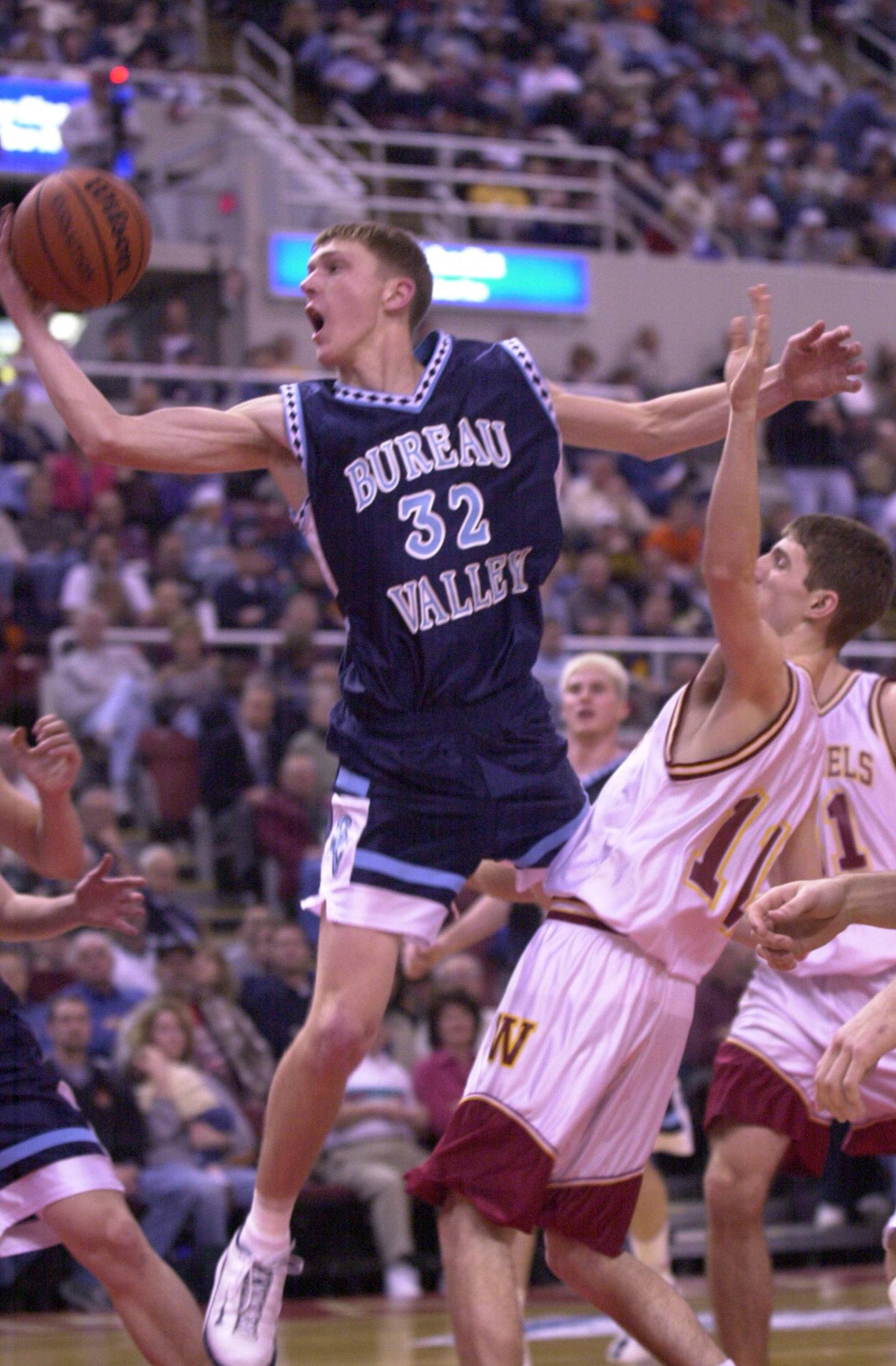 Bureau Valley's Phil Endress makes his moves against Westmont in the 2000-01 IHSA Class A third-place game against Westmont.