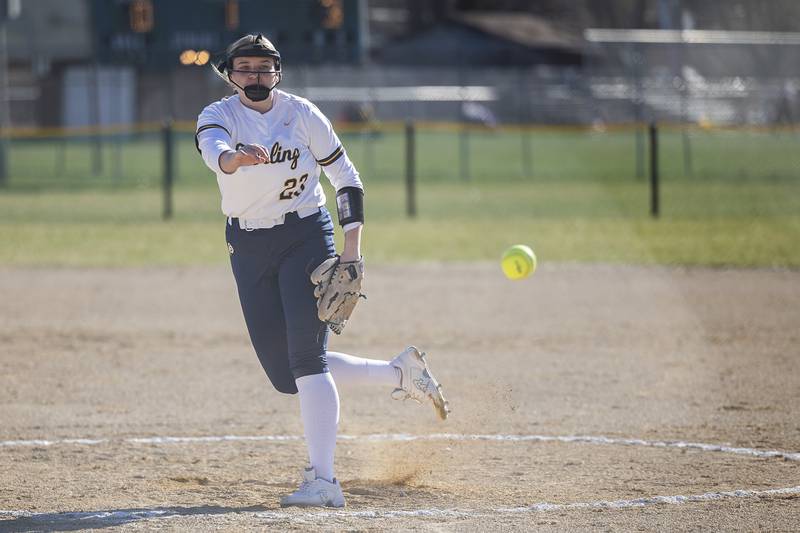 Sterling’s Sienna Stingley fires a pitch against Dixon Tuesday, March 19, 2024 in Dixon.