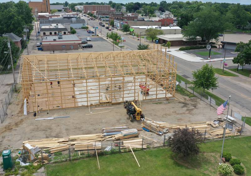 Crews work on the Second Story Teen Center building on Monday, July 8, 2024  in Princeton. The 6,000 square foot building, located at 125 N. Main St. will increase the capacity for providing numerous educational, mentorship, health, nutritional and social programs for Bureau County youth in sixth through 12th grades. Second Story is funded solely on private donations and the building committee is seeking financial and in-kind donations to invest in the future of the youth of Bureau County and their communities.