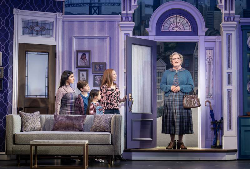 Mrs Doubtfire-3: Giselle Gutierrez (Lydia Hillard),Cody Braverman (Christopher Hillard), Emerson Mae Chan (Natalie Hillard), Maggie Lakis (Miranda Hillard), and Rob McClure (Euphegenia Doubtfire) star in "Mrs. Doubtfire" at the James M. Nederlander Theatre in Chicago through March 10. Photo courtesy of Joan Marcus.