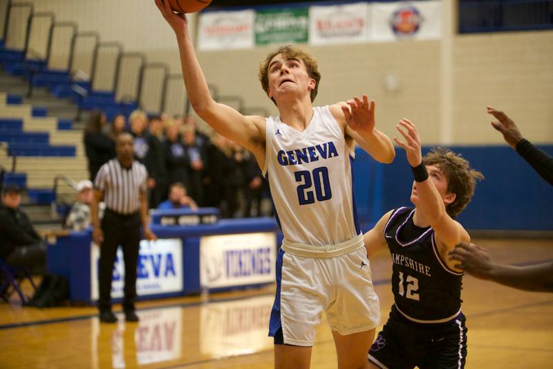 Geneva's Jack Hatton drives to the basket against Hampshire's Nick Louis at Geneva Day of Hoops on Monday, Jan. 15th in Geneva.