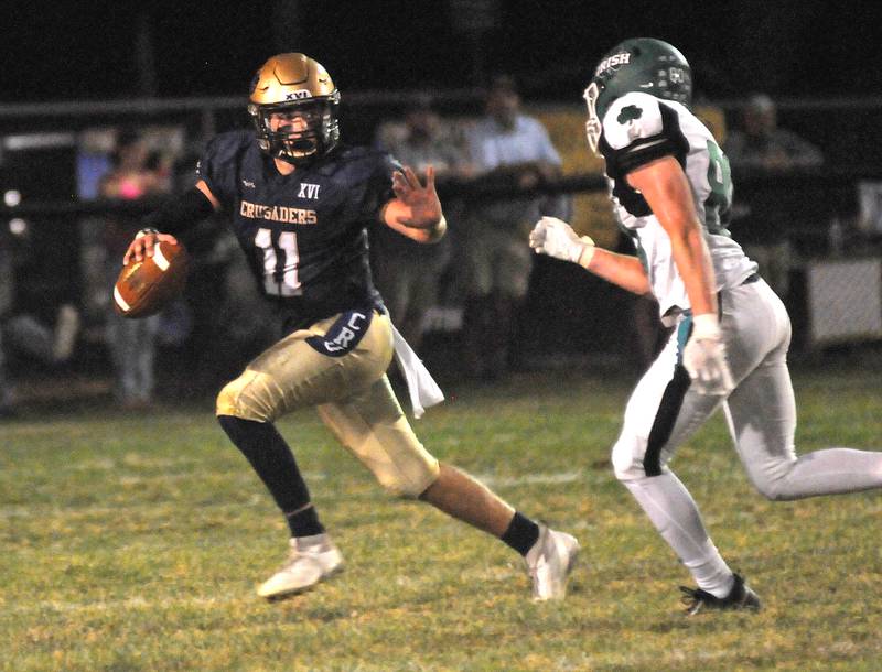 Marquette's Anthony Couch is pressured by Seneca's Sam Finch at Gould Stadium on Friday, Sept. 13, 2024.