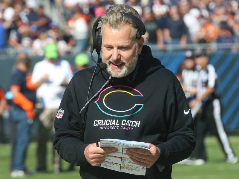 Chicago Bears head coach Matt Eberflus smiles after the Bears score a touchdown against the Carolina Panthers in October 2024 at Soldier Field in Chicago.