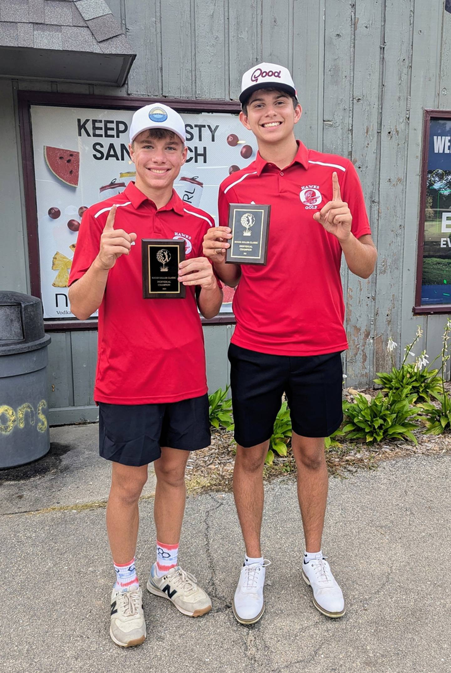 Oregon's Jackson Messenger, left, and Nole Campos are pictured after taking first as a duo at the Roger Keller Classic in Sandwich on Saturday, Aug. 24.