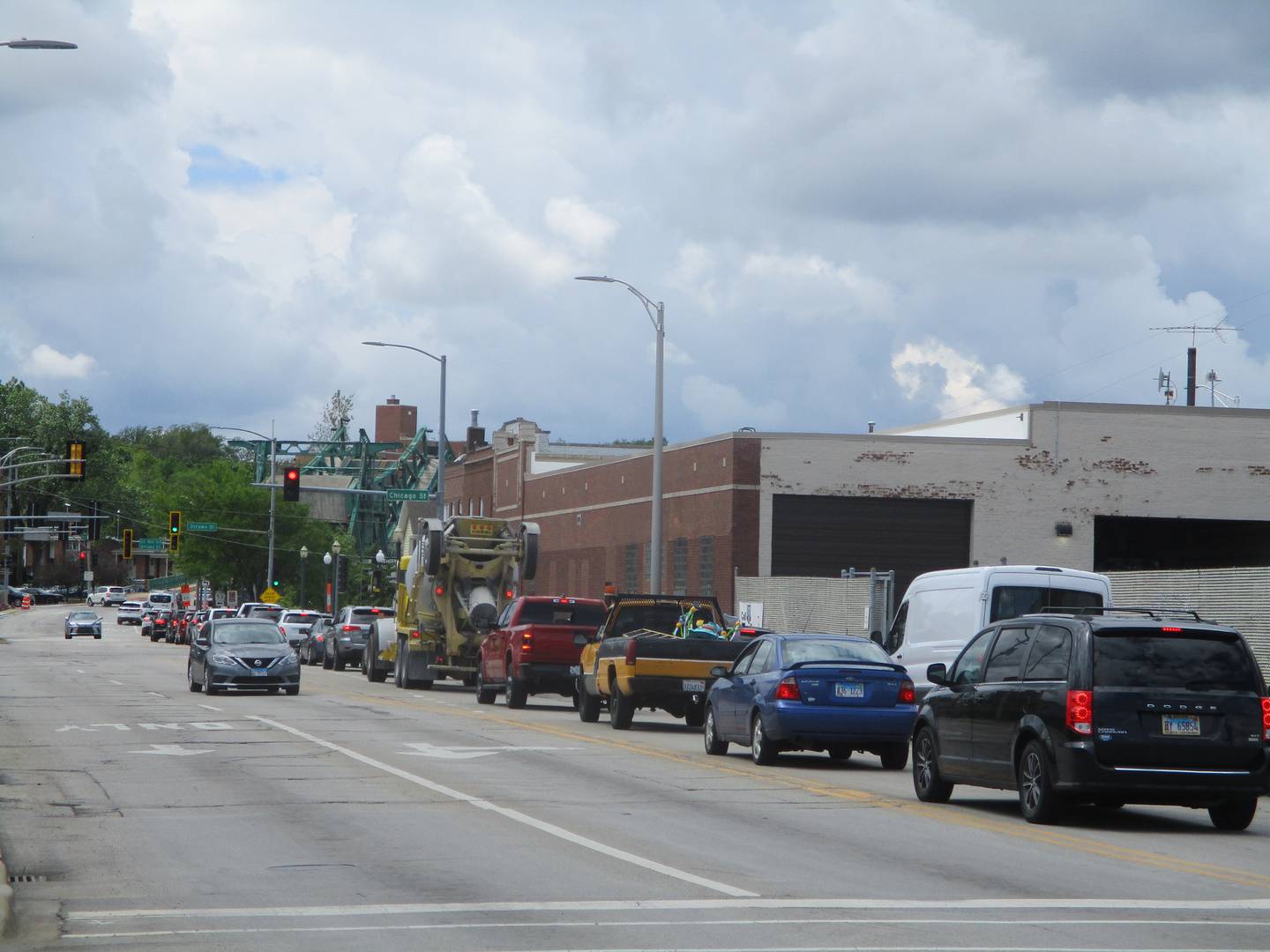 Westward traffic was backed up for blocks in downtown Joliet on Friday trying to get across the Des Plaines River with the Ruby Street bridge closed and lanes reduced at the Cass Street bridge. May 10, 2024.