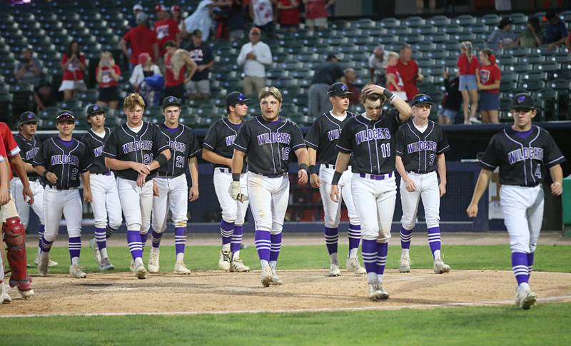 Members of the Wilmington baseball team walk off the field after loosing to St. Anthony (Effingham) 12-1 during the Class 2A semifinal game on Friday, May 31, 2024 at Dozer Park in Peoria.