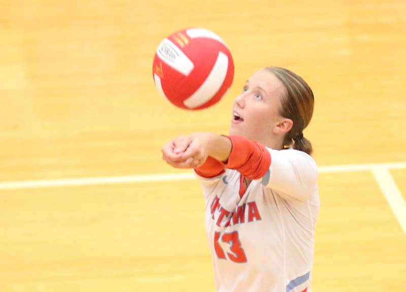 Ottawa's Ayla Dorsey returns a serve from Streator on Thursday, Aug. 29, 2024 in Kingman Gym at Ottawa High School.