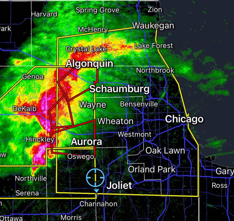 Kane and Kendall counties were under a tornado warning until 7:30 p.m. Will County was under a severe weather warning with chance of rain, high winds and hail.