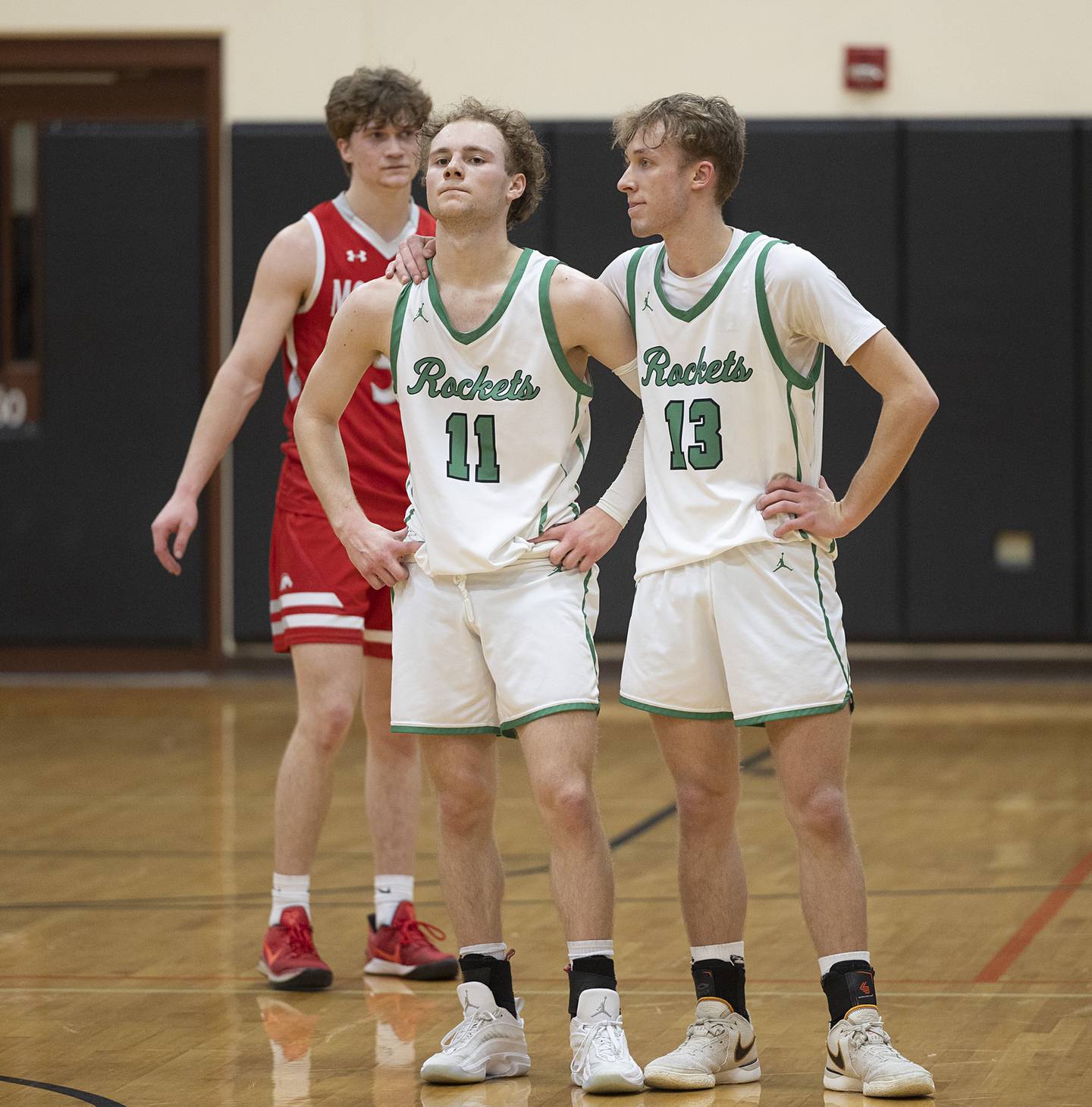 Rock Falls’ Gavin Sands (left) and Aydan Goff watch as the second tick down in their loss to Morrison Wednesday, Feb. 21, 2024 at the Prophestown class 2A basketball regional.