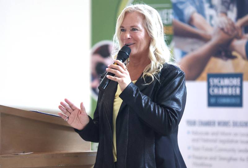 RoseMarie Treml, Sycamore Chamber of Commerce executive director, welcomes people to the annual meeting Thursday, April 7, 2022, at St. Mary Memorial Hall in Sycamore.