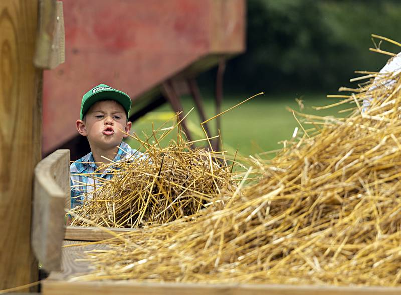 Duke Bergfeld, 7, of Harmon uses a pitchfork to load straw onto a rack Saturday, August 5, 2023 at the Living History Antique Equipment Association’s farm show in Franklin Grove.