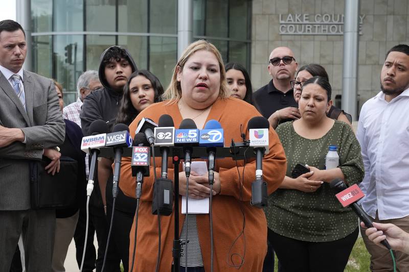 Karina Mendez, whose father Eduardo Uvaldo was killed, speaks at a news conference Wednesday, June 26, 2024, after the hearing of Robert E. Crimo III., at the Lake County Courthouse in Waukegan. Crimo III is charged with killing seven people and wounding dozens more in a shooting at an Independence Day parade in the suburban Chicago town of Highland Park.