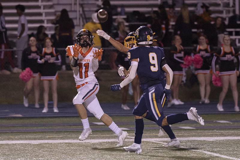 United Township’s Aden Struble hauls in a pass against Sterling Friday, Oct. 21, 2022.