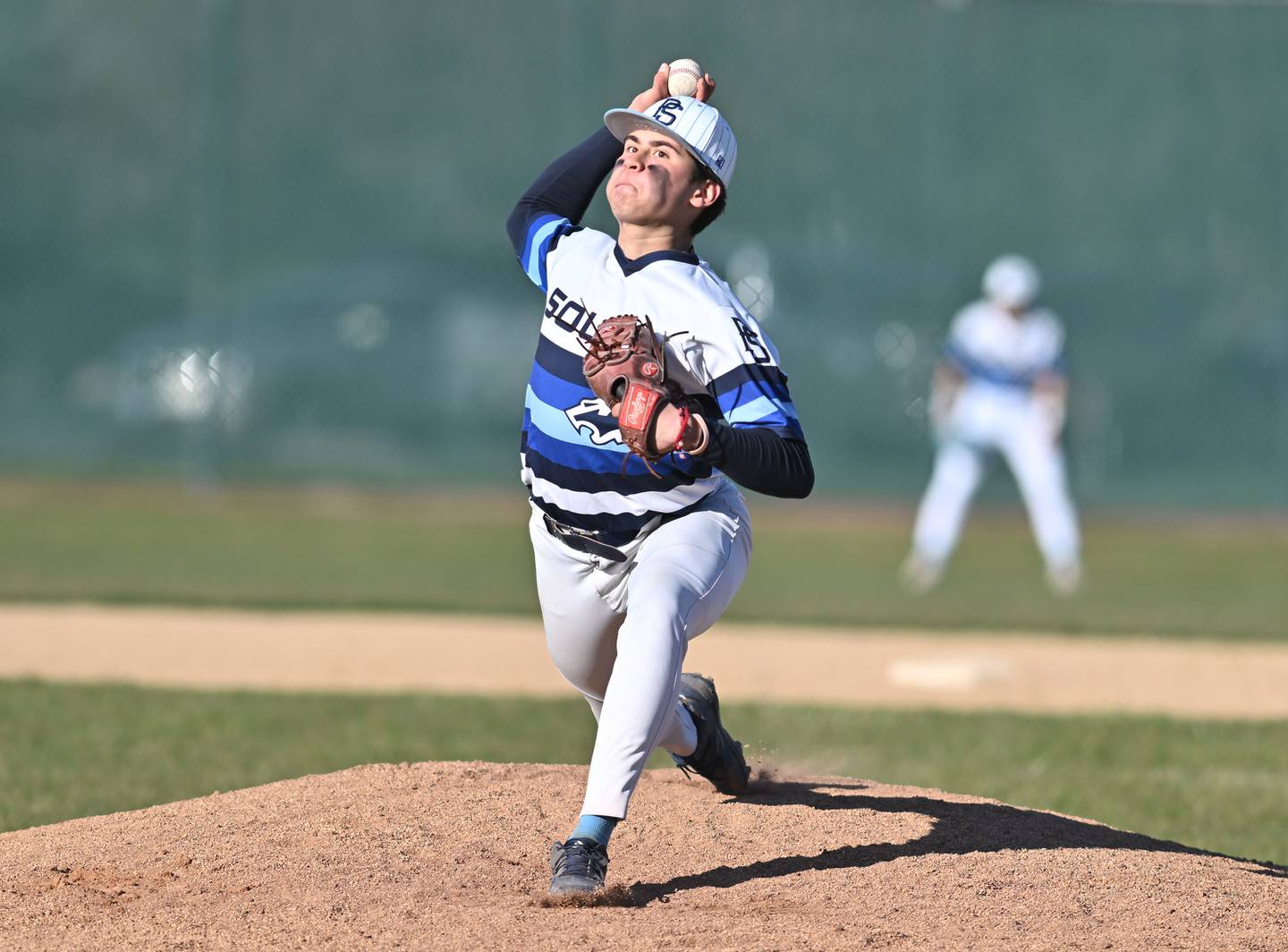 Plainfield South's pitcher throwing a pitch during the conference game against Plainfield North on Friday, April. 12, 2024, at Plainfield.