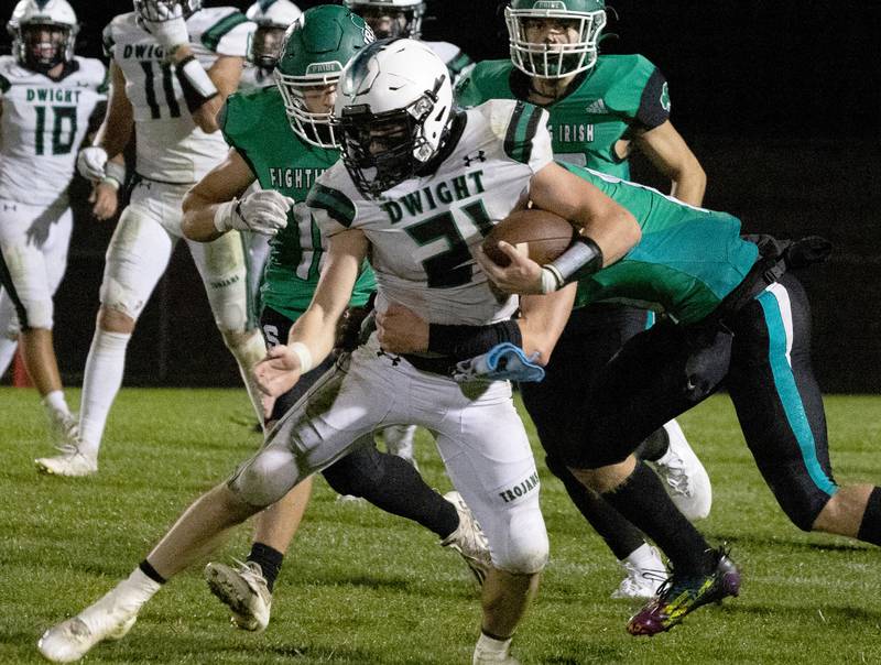 Dwight/Gardner-South Wilmington's Dylan Crouch (21) tries to break free from the Seneca defense during the rivals' 2024 meeting.