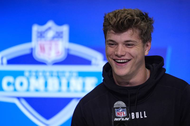 Michigan quarterback J.J. McCarthy speaks during a press conference at the NFL combine in Indianapolis, Friday, March 1, 2024.