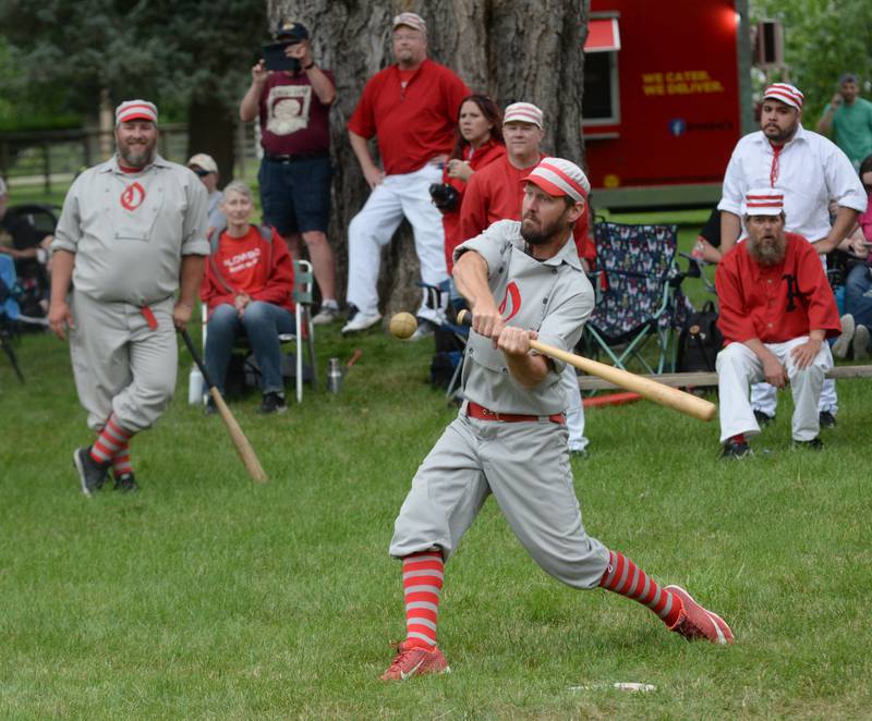 Ganymedes Brett "Shifty" Rogers bats  during a vintage base ball game against the DuPage Plowboys at the John Deere Historic Site in Grand Detour on Saturday, June 8, 2024.